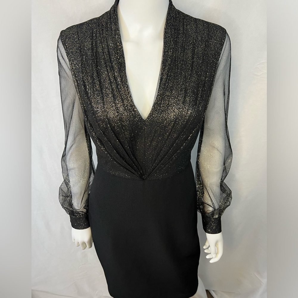 BADGLEY MISCHKA.NWT.Long Sleeve Crepe Sheath dress. Foiled Tulle Mesh Design.4 - Picture 6 of 16